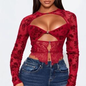 SHEIN Red Floral Lace Cutout Crop Top